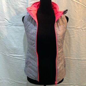 Quilted Gray and Pink Puffer Vest with Stand-Up Collar